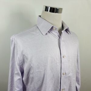 David Donahue 17 36/37 Trim Fit Dress Shirt Knit Herringbone Blue Pink Cotton